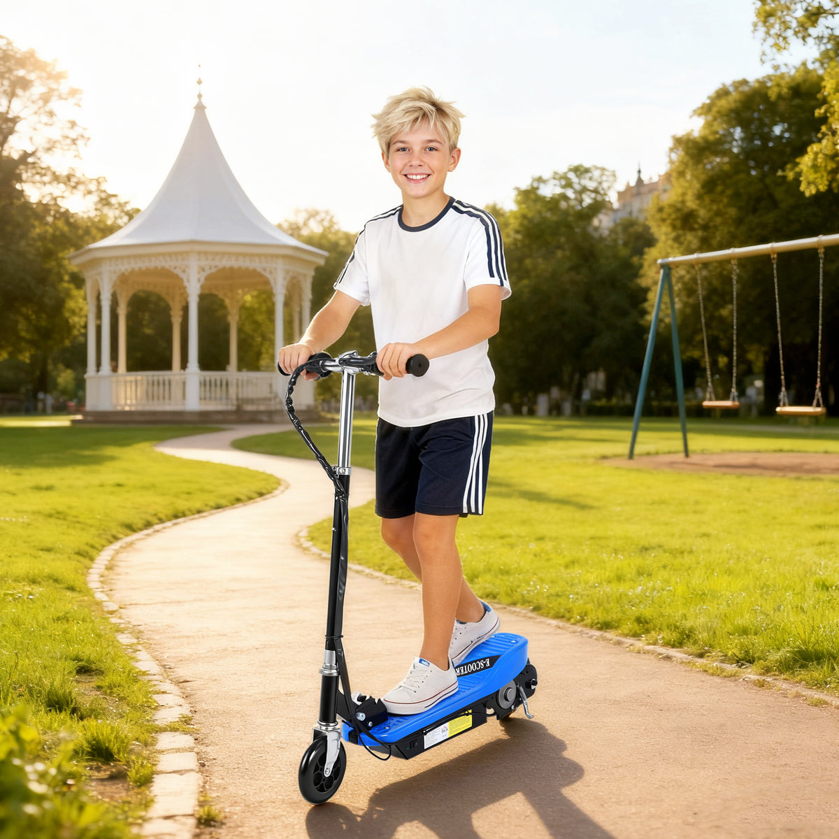 Trotinete Elétrica Dobrável para Crianças e Adolescentes acima de 7 Anos Velocidade de 10km/h Trotinete Elétrica com Guiador Ajustável e Freios Carga Máxima 50kg 78x37x89-95cm Azul — foto 2