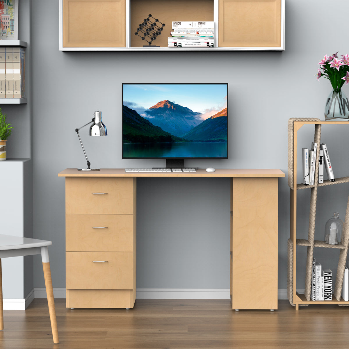 Mesa de computador de mesa para casa Escritório 3 gavetas 3 prateleiras móveis de escritório 120x49x72cm cor de madeira natural — foto 2