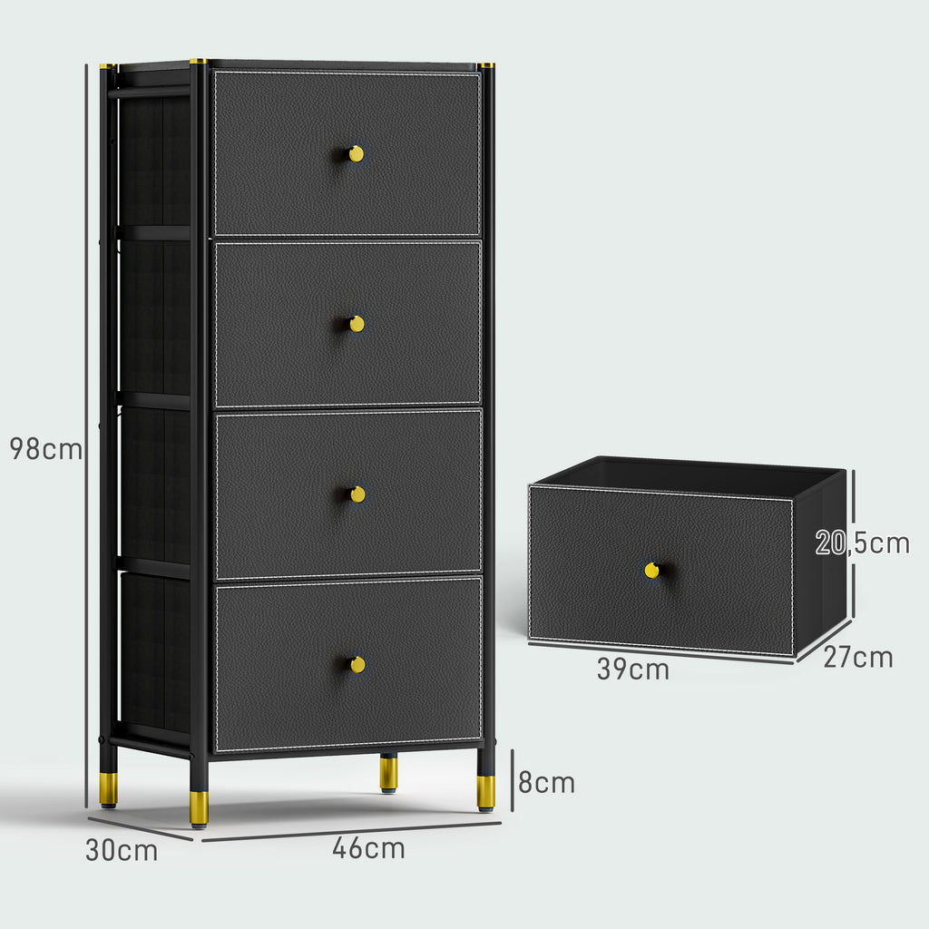 Cómoda para Dormitório Cómoda de Tecido com 4 Gavetas Dobráveis com Frentes de Couro PU e Estrutura de Aço Cómoda para Dormitório 46x30x98 cm Preto — foto 3