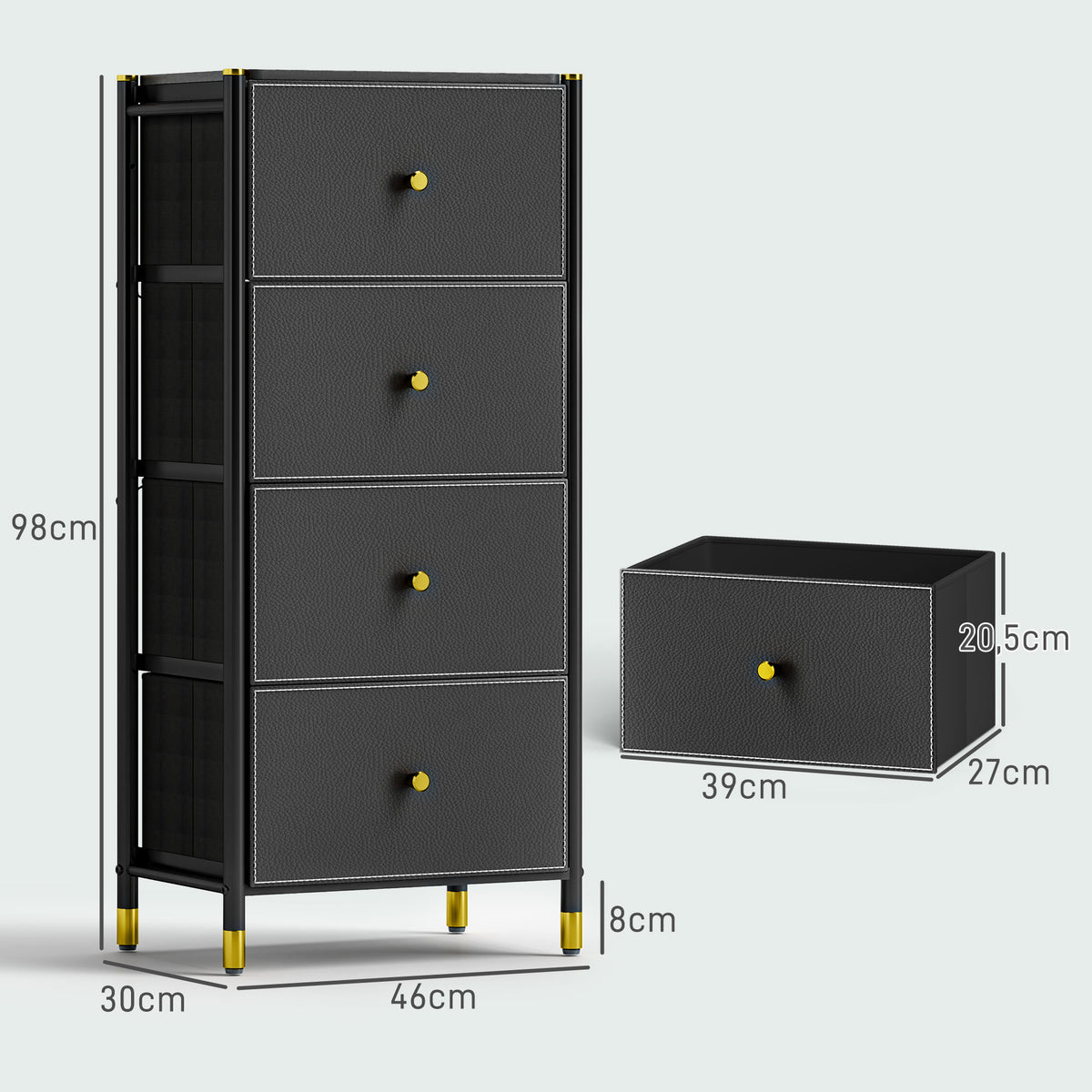 Cómoda para Dormitório Cómoda de Tecido com 4 Gavetas Dobráveis com Frentes de Couro PU e Estrutura de Aço Cómoda para Dormitório 46x30x98 cm Preto — foto 3
