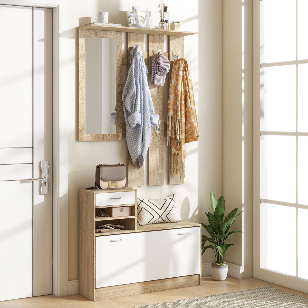 Móvel Cabide de Entrada de 3 Peças Armário de Entrada com Cabide Espelho Sapateira e Gaveta 90x10x102 cm Branco e Madeira — foto 2