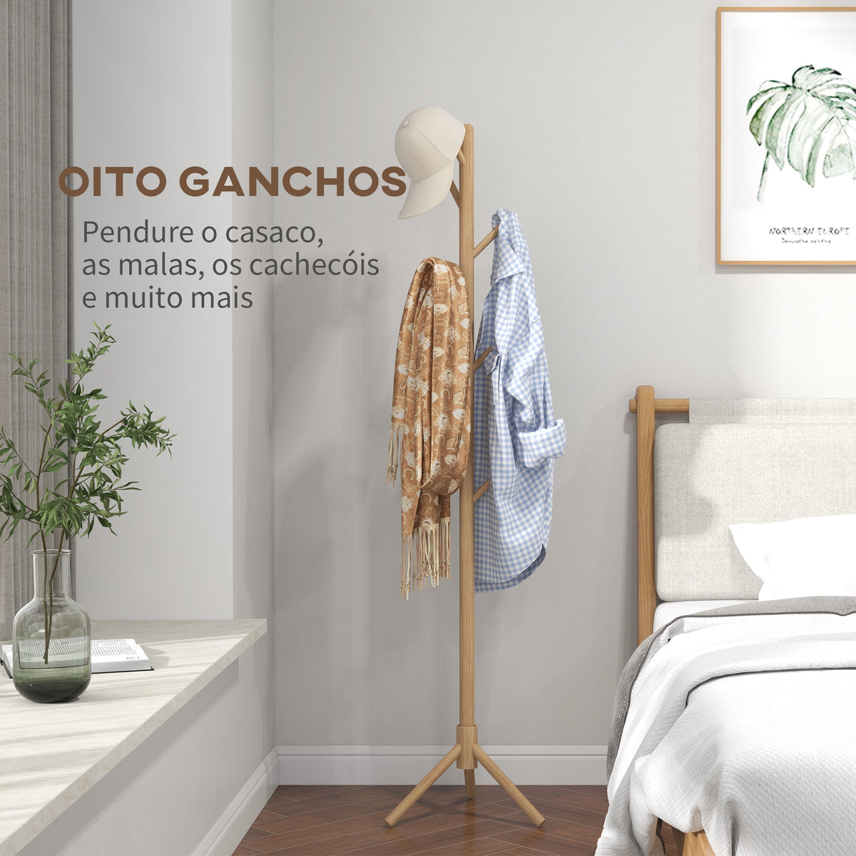 Cabide de Pé de Madeira Cabide de Pé com 8 Ganchos para Pendurar Roupa e Bolsas Cabide em Forma de Árvore para Corredor Entrada Quarto 40x40x165 cm Natural — foto 4
