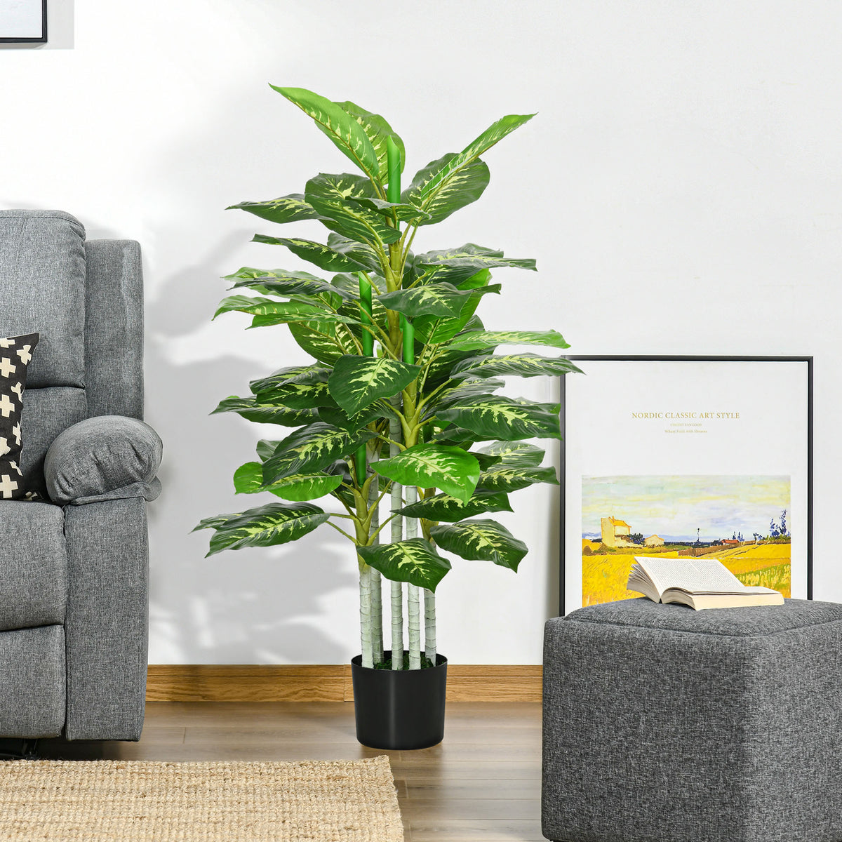 Planta Artificial de 120 cm com 53 Folhas Realistas e Vaso de Cimento Planta Sintética Decoração para Casa Escritório e Exterior Verde — foto 2
