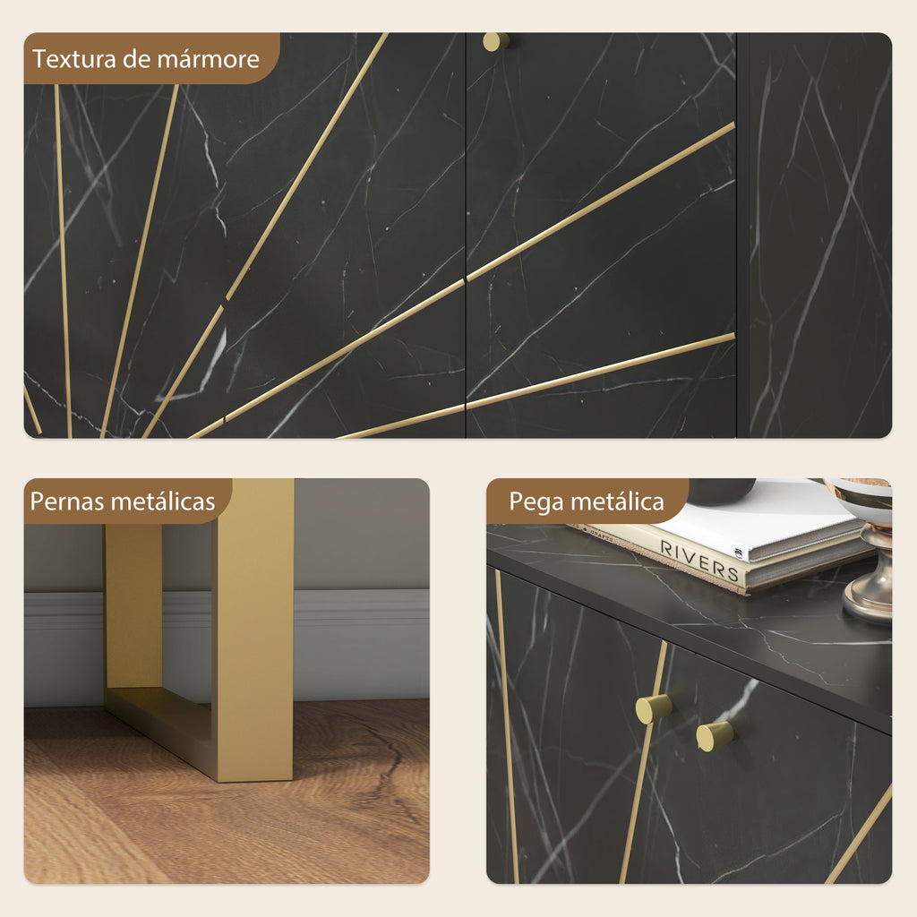Aparador de Sala de Estar com 2 Armários e Prateleira Interior Ajustável Móvel Buffet com Efeito Mármore 107x35x75 cm Preto e Dourado — foto 6