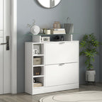 Sapateiro Moderno Sapateiro de Entrada Hall com Gavetas Basculantes, Prateleiras Ajustáveis e Prateleiras Abertas para 12 Pares de Sapatos Sapateiro Estreito para Corredor 89x25x92 cm Branco — foto 2