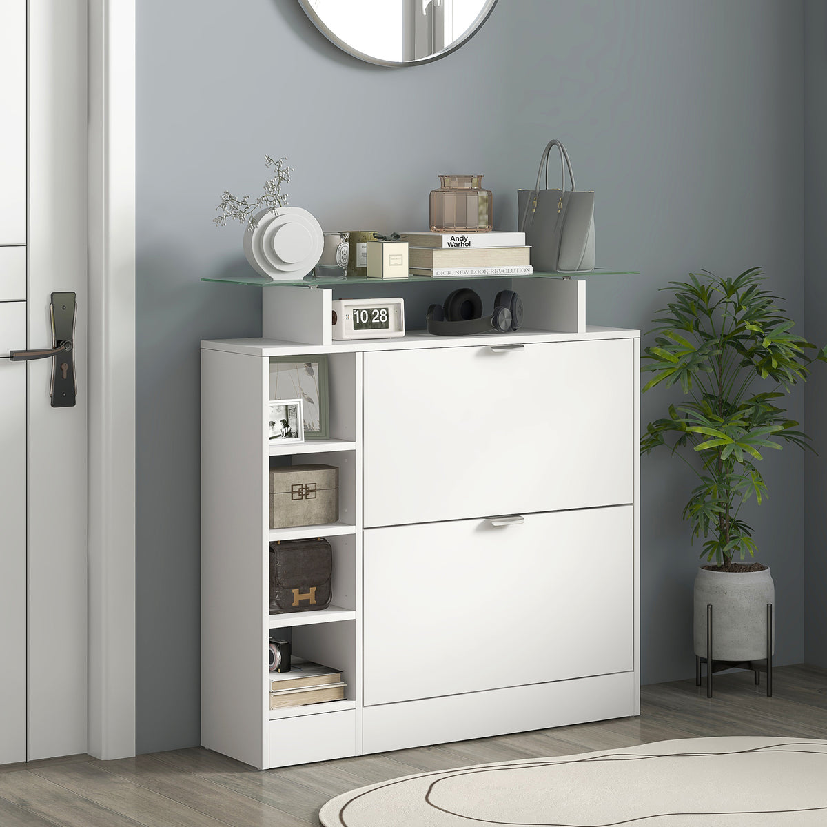 Sapateiro Moderno Sapateiro de Entrada Hall com Gavetas Basculantes, Prateleiras Ajustáveis e Prateleiras Abertas para 12 Pares de Sapatos Sapateiro Estreito para Corredor 89x25x92 cm Branco — foto 2