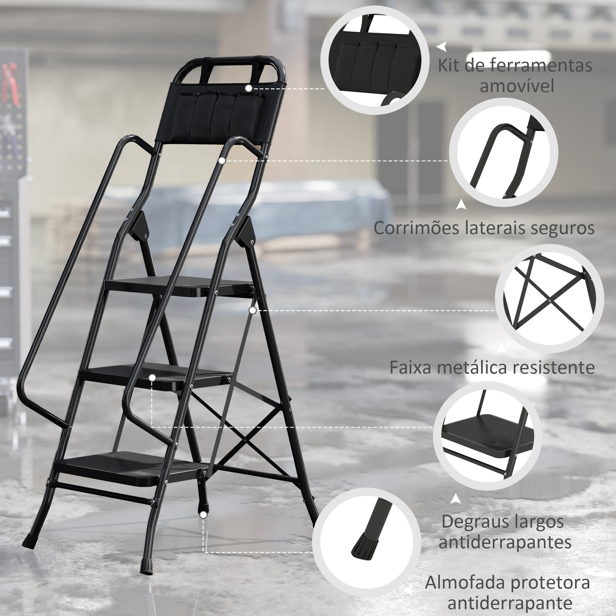 Escada Dobrável com 3 Degraus Escada de Metal com Apoio para os Braços e Suporte para Ferramentas Carga Máxima 150 kg 49x66x136 cm Preto — foto 4