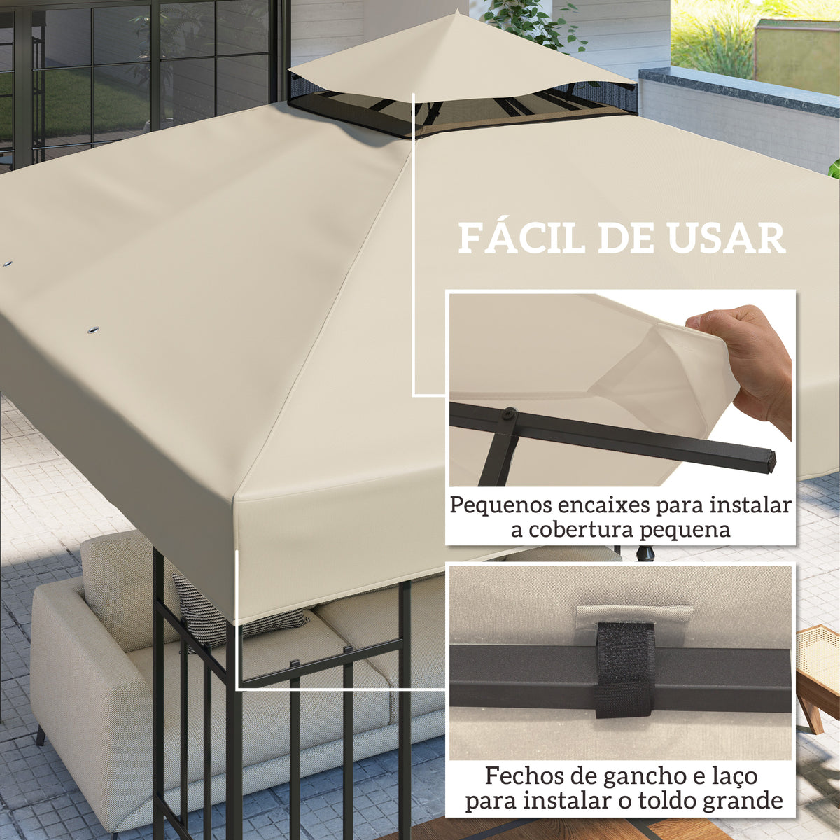 Teto de Substituição para Pérgula, 3x3 m, Cobertura de Substituição com Telhado Duplo, Orifícios de Escoamento e Proteção UPF30+, APENAS Toldo de Substituição para Pavilhão Gazebo, Creme — foto 5