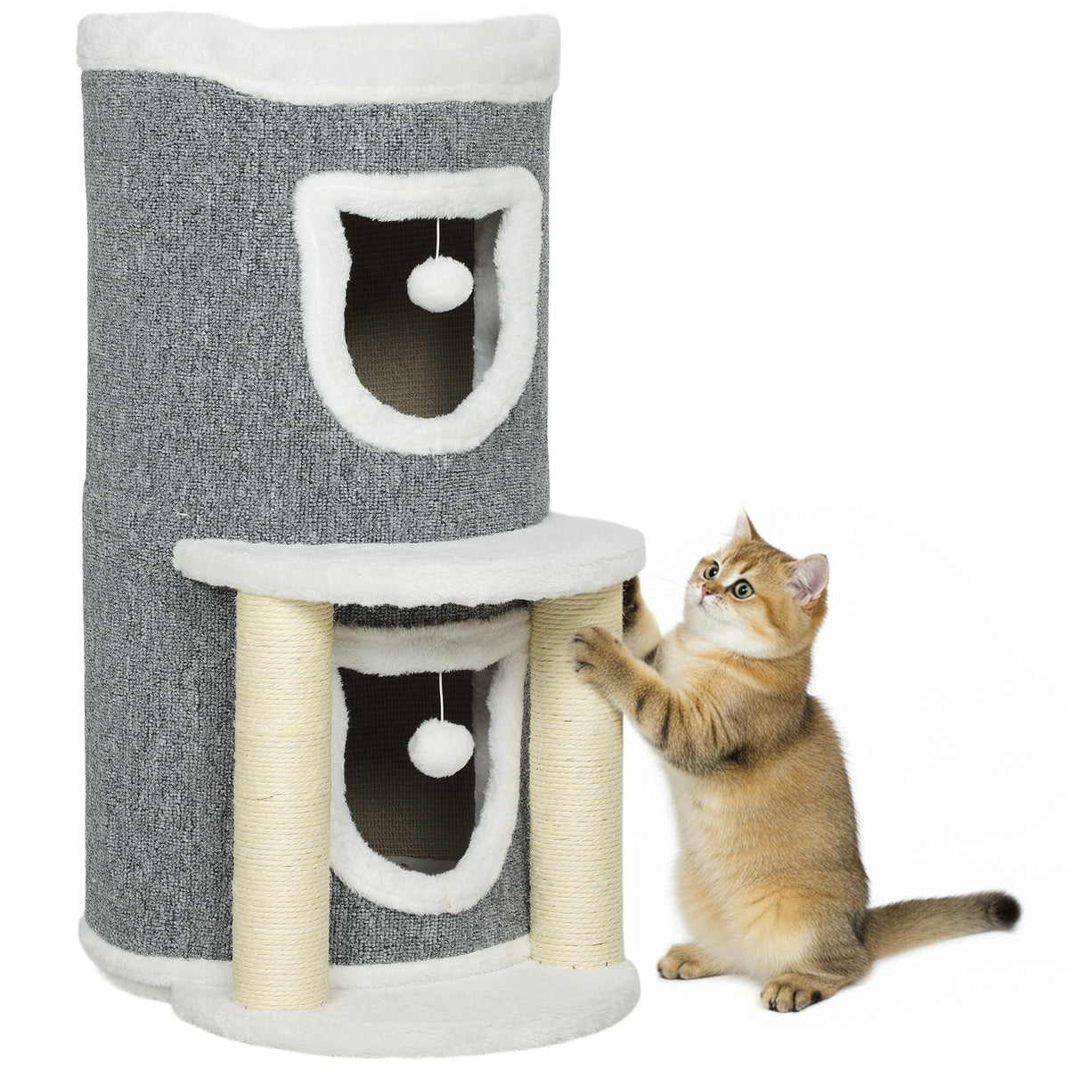 Arranhador para Gatos com Cama 2 Cavernas Postes de Sisal Tapete de Arranhar e Bolas para Brincar 50x36x76 cm Cinzento — foto 1
