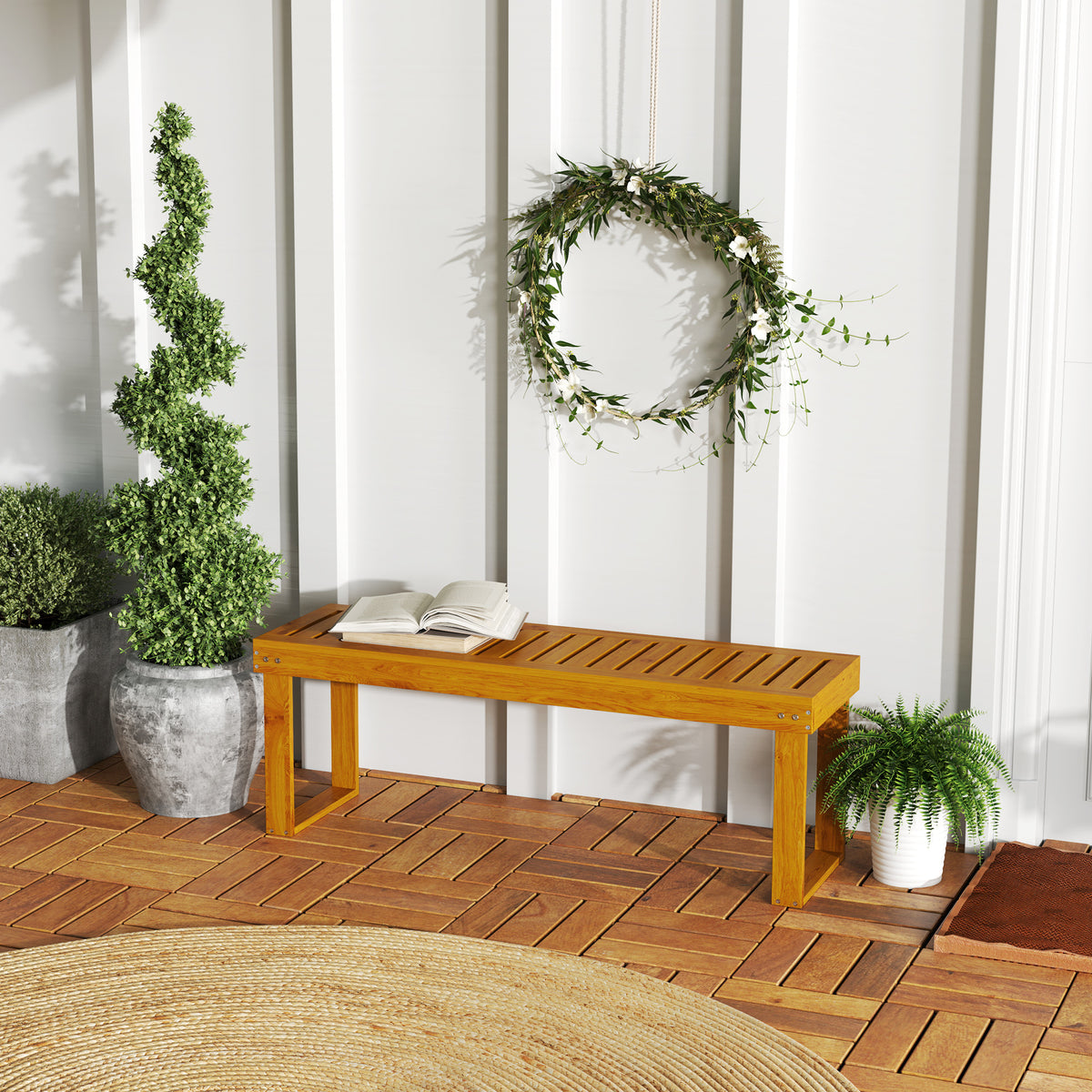 Banco de Jardim de 2 Lugares Banco de Madeira com Assento em Ripas Carga 300 kg Banco para Pátio Exterior Varanda 120x34x43 cm Teca — foto 2