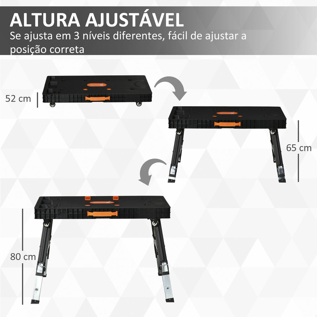 Bancada de Trabalho 5 em 1 Mesa de Trabalho com Altura Ajustável em 2 Níveis Pés Retráteis e 4 Rodas Carga Máxima 150kg para Oficina Garagem 105x74x80cm Preto — foto 6