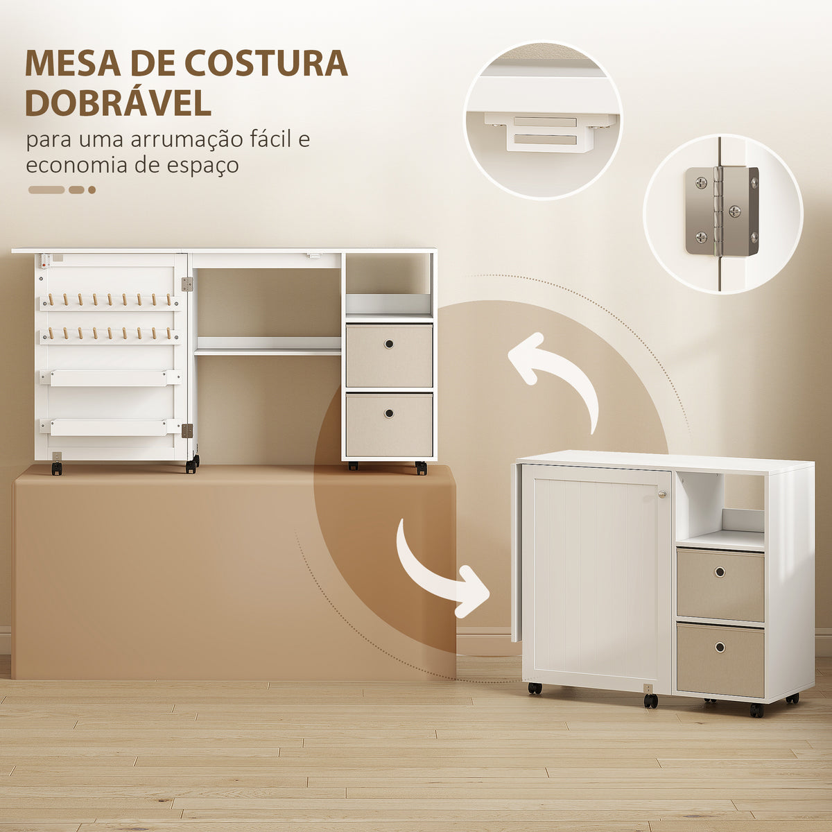 Mesa de Costura Dobrável com 6 Rodas Móvel para Máquina de Costura com 18 Pinos para Linhas 2 Gavetas de Tecido 3 Compartimentos Armário de Costura para Escritório Sala Branco — foto 5