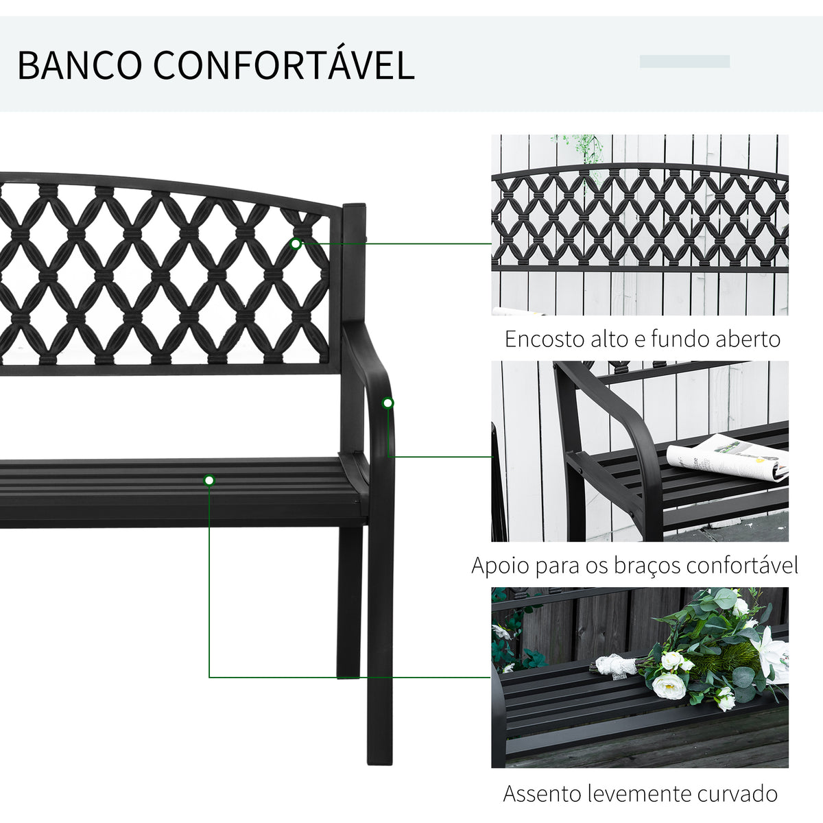 Banco de Jardim de 2 Lugares com Encosto Decorativo e Apoio para os Braços para Terraço Varanda Pátio Exterior Carga 280kg Ferro Fundido e Aço 128x58,5x89cm Preto — foto 5