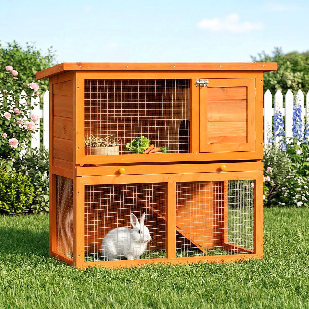 Coelheira de Exterior de Madeira para Animais Pequenos 2 Níveis com Rampa Teto Asfáltico e Porta com Trava 90x45x80 cm Madeira e Verde — foto 2