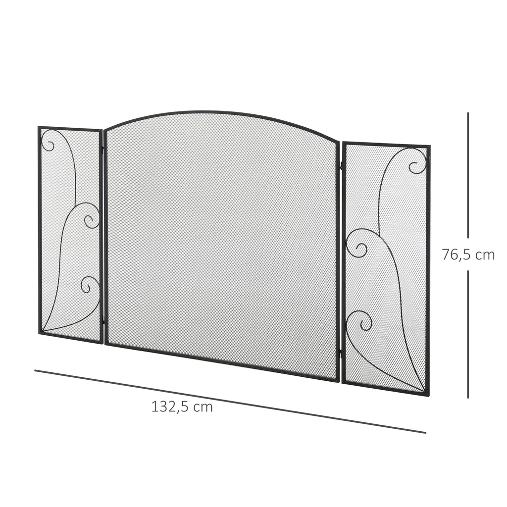 Frente para Lareira de 3 Painéis Frente para Lareira Dobrável com Dobradiças Estrutura Metálica Malha Decorativa 132,5x76,5cm Preto — foto 3