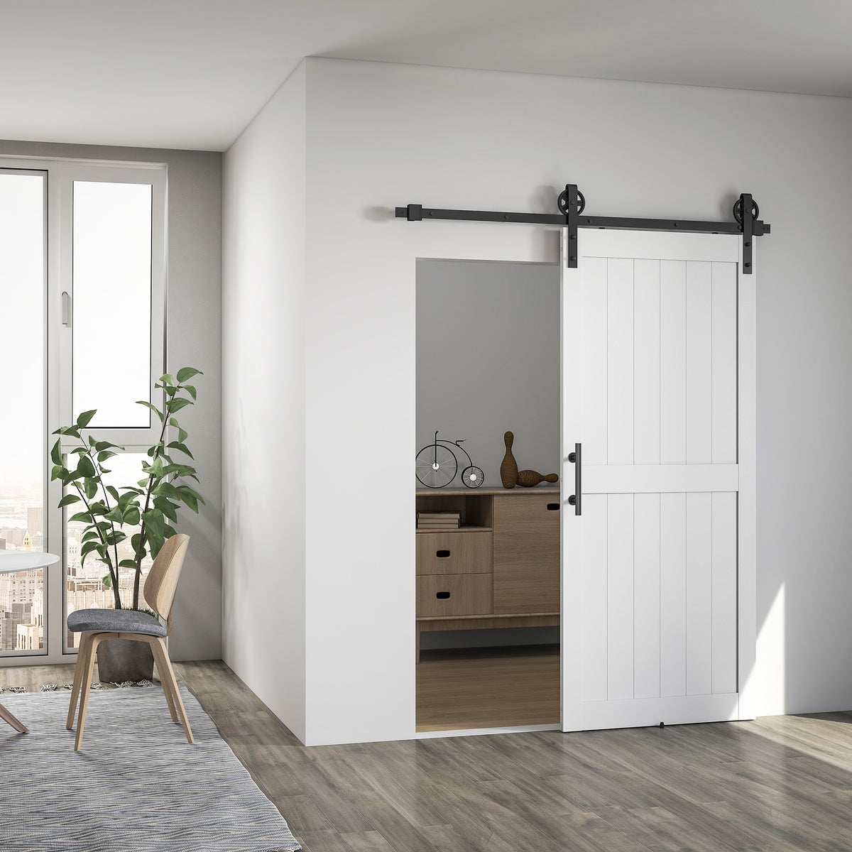 Porta de Correr Celeiro com Ferragens Porta Corredera de Interior com Puxador Rolo e Guia de Chão para Casa de Banho Sala de Estar 91,5x213,4 cm Branco — foto 2