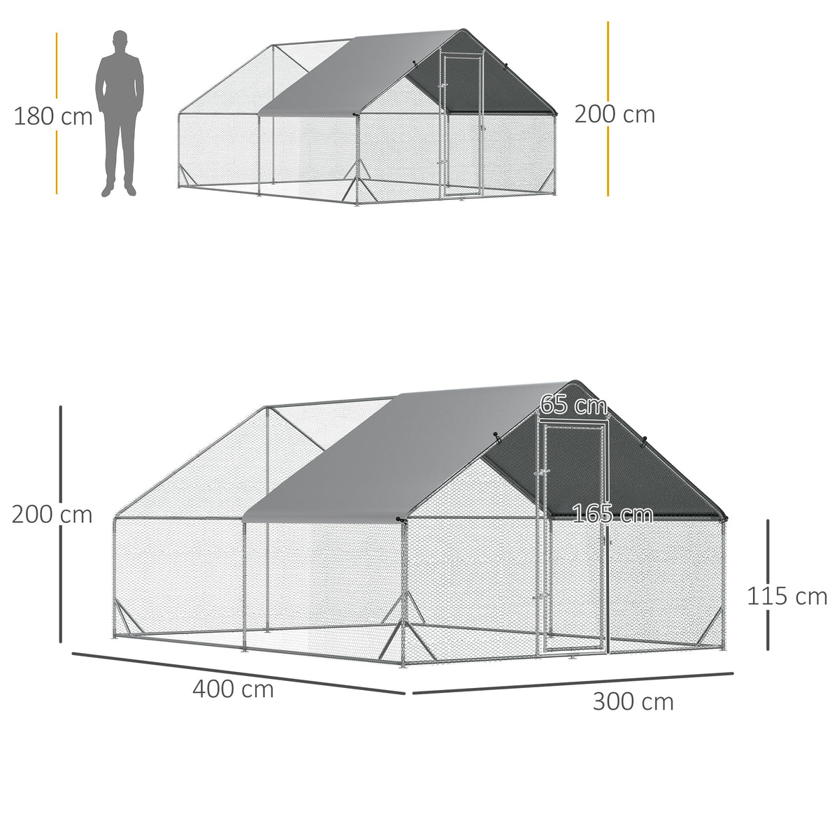Galinheiro de Exterior Grande 3x4x2m Gaiola para 8-12 Galinhas de Aço Galvanizado com Teto de PE e Fechadura para Coelhos Prata — foto 3