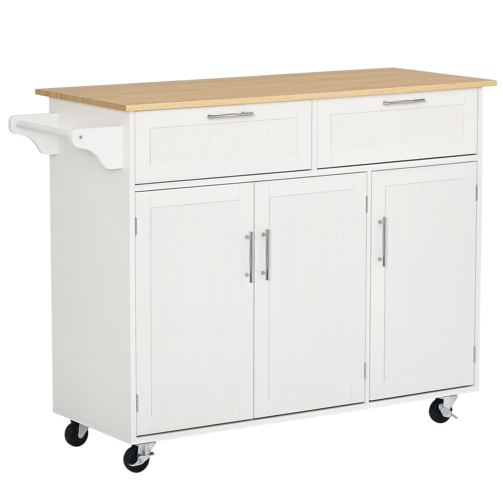 Carrinho de Cozinha com Rodas Carrinho de Cozinha Multiuso com 2 Gavetas 3 Portas Prateleiras Ajustáveis e Barra para Sala de Jantar 121x46x91cm Branco e Madeira — foto 1