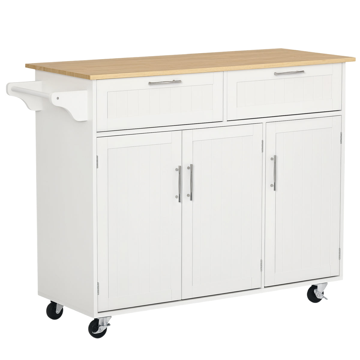 Carrinho de Cozinha com Rodas Carrinho de Cozinha Multiuso com 2 Gavetas 3 Portas Prateleiras Ajustáveis e Barra para Sala de Jantar 121x46x91cm Branco e Madeira — foto 1
