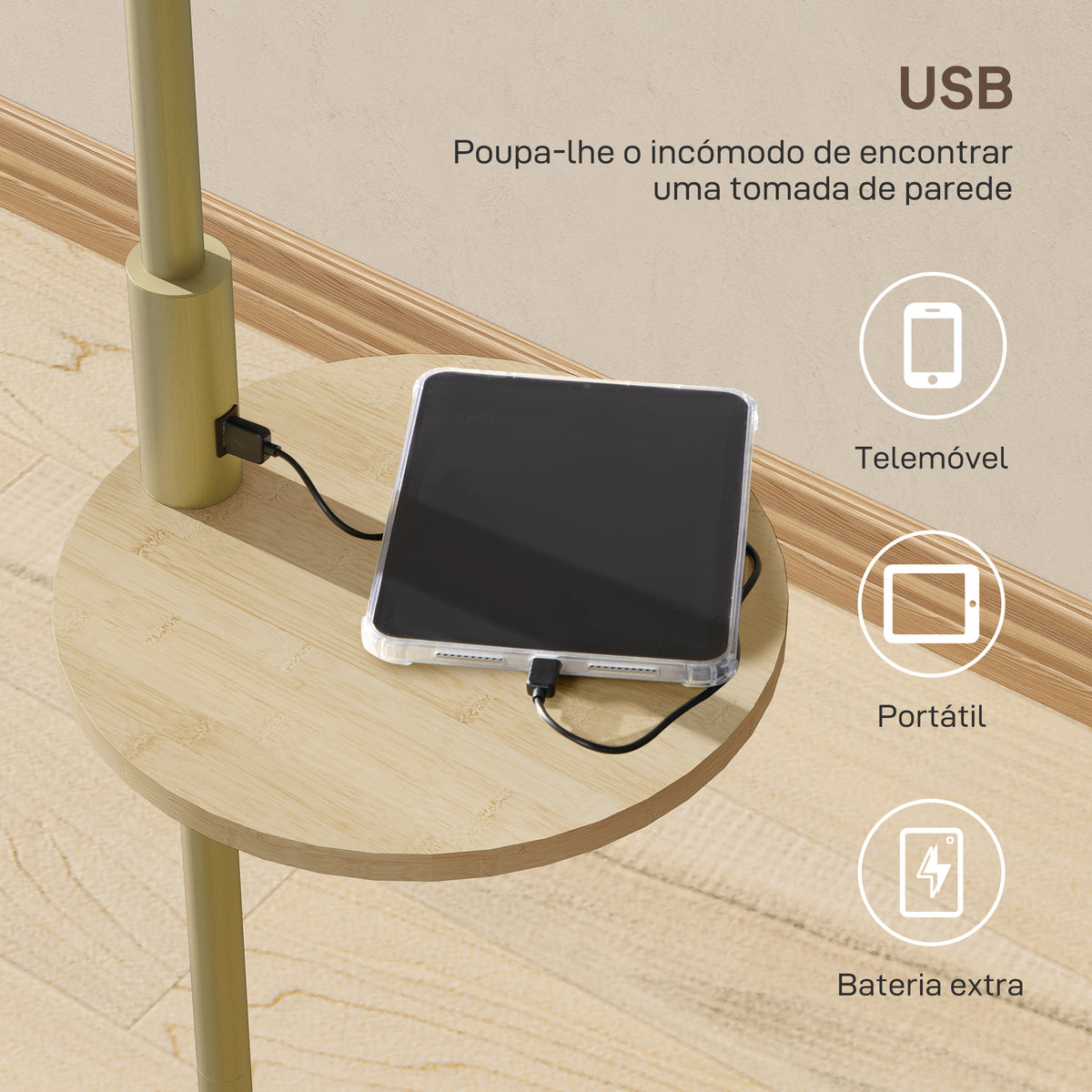 Candeeiro de Pé com Mesa Auxiliar Candeeiro com Prateleira Lâmpada E27 Máx. 40W com Ecrã de Linho Interruptor de Corrente e Carregador USB para Sala de Estar Ø40x170 cm Dourado — foto 5