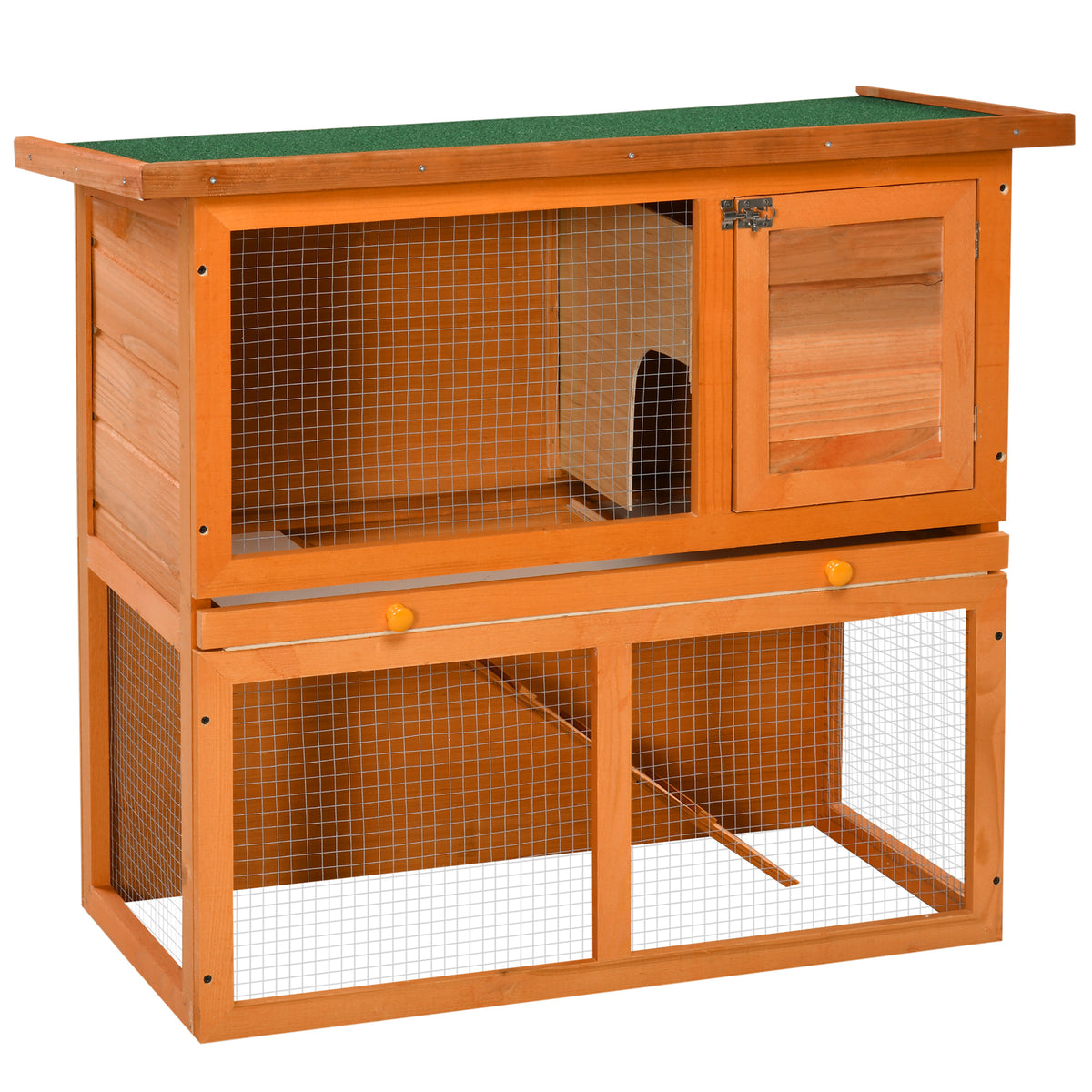 Coelheira de Exterior de Madeira para Animais Pequenos 2 Níveis com Rampa Teto Asfáltico e Porta com Trava 90x45x80 cm Madeira e Verde — foto 1