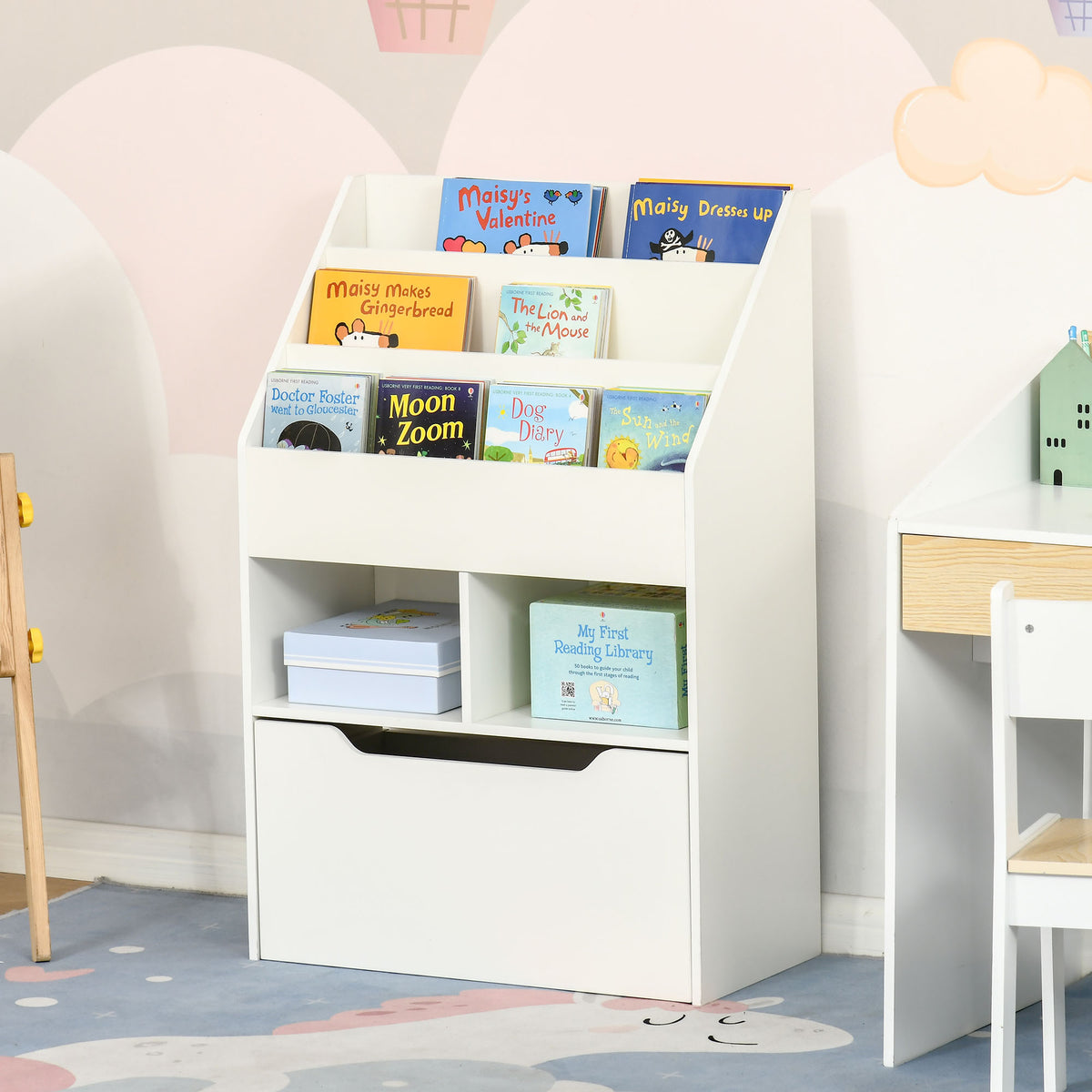 Estante de Madeira para Brinquedos com 3 Compartimentos 2 Cubos e Gaveta Móvel com 4 Rodas Estante para Livros Infantil para Dormitório Infantil Sala de Jogos 60x29,9x90cm Branco — foto 2