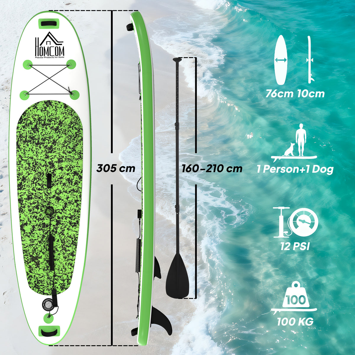 Prancha de Paddle Surf Inflável com Remo Ajustável entre 160-210cm com Barbatana Removível Bolsa de Transporte e Bomba de Insuflar Carga 100 kg 302x76x10cm Verde — foto 3