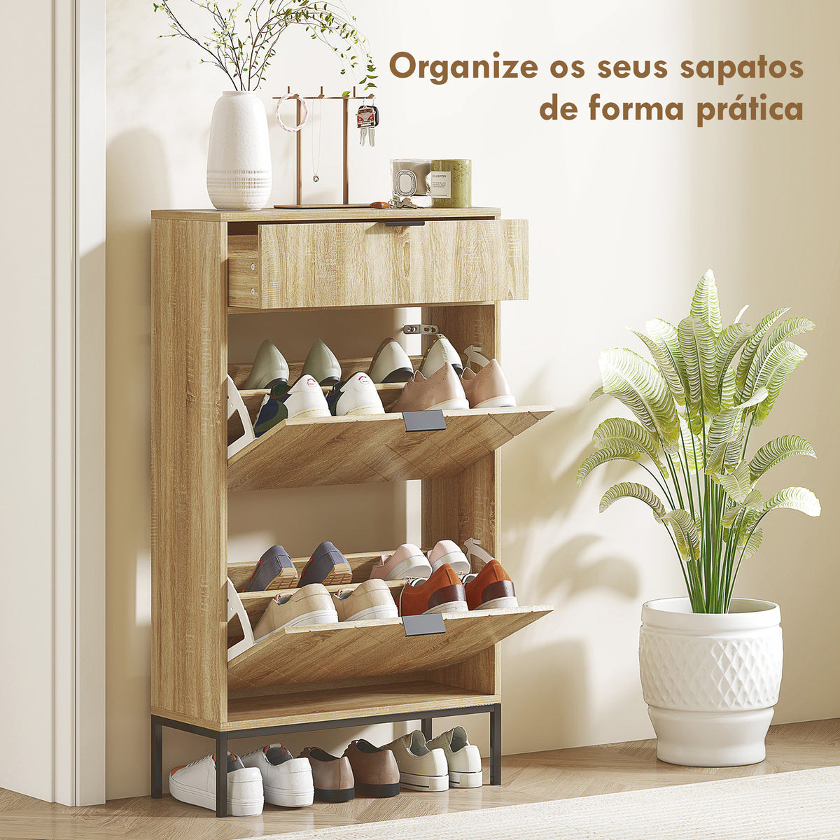 Sapateira Estreita com 2 Portas Sapateira para Entrada com Gaveta e Prateleiras Ajustáveis para 8 Pares de Sapatos 60x24x105,5 cm Madeira — foto 4