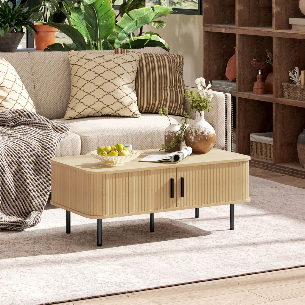 Mesa de Centro Mesa de Centro para Sala de Estar Mesa Auxiliar com 2 Portas de Correr 2 Compartimentos e Pés de Aço para Sala de Estar Quarto 100x55x40 cm Carvalho — foto 2