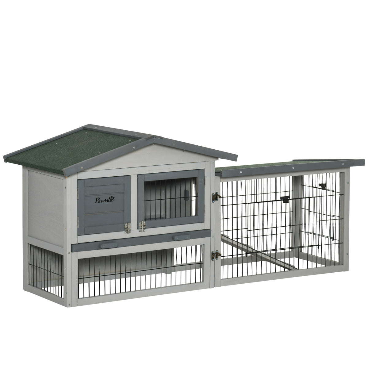 Coelheira de Madeira Exterior Gaiola Grande para 2 Coelhos de 2 Níveis com Teto Asfáltico Retrátil Cerca de Metal Bandeja Removível e Rampa 154,5x52,5x68,5 Cinza — foto 1