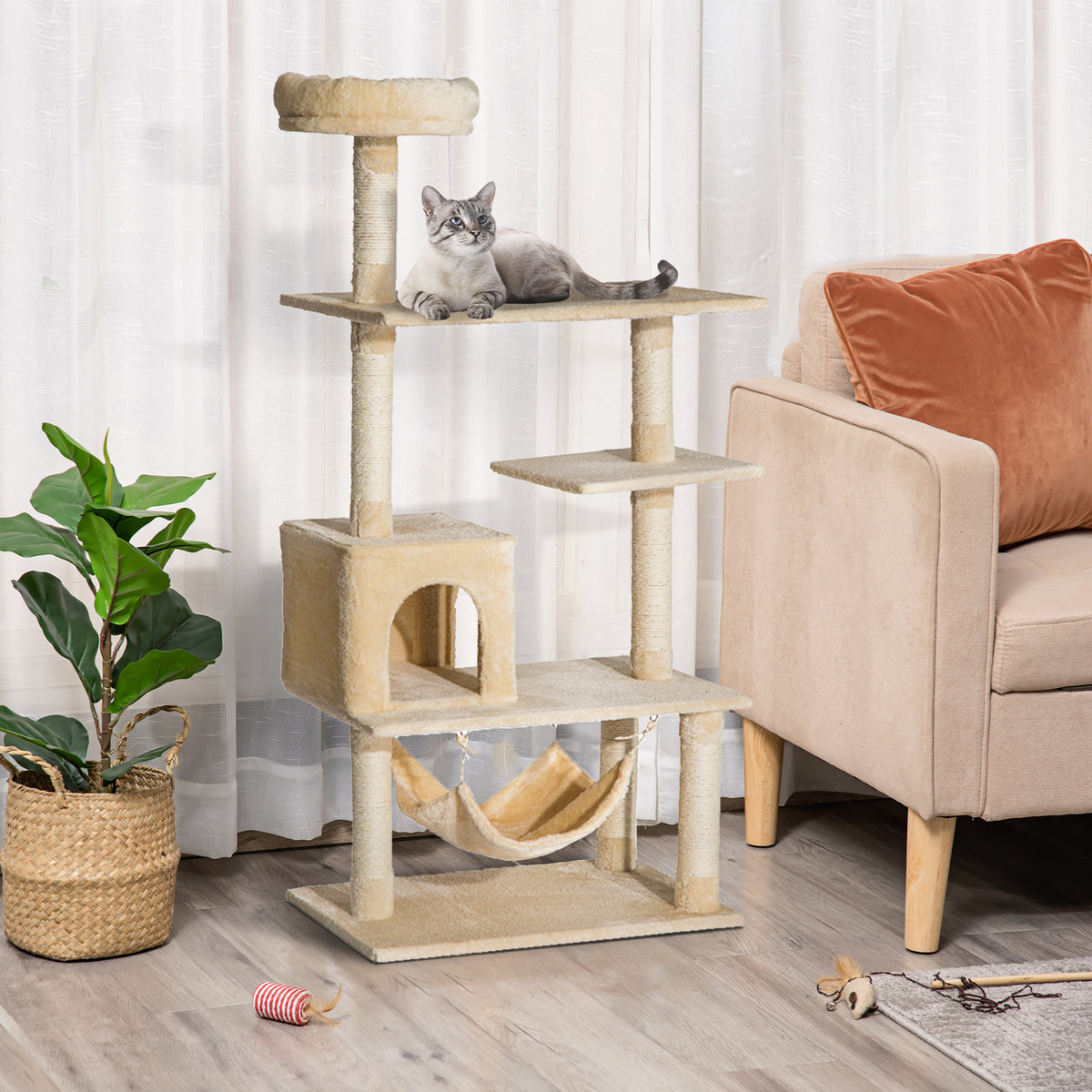 Arranhador de Árvore para Gatos com Plataformas Múltiplas Brinquedo Suspenso Caverna Espaçosa Rede Macia Postes de Coçar 70x40x152 cm Bege — foto 2