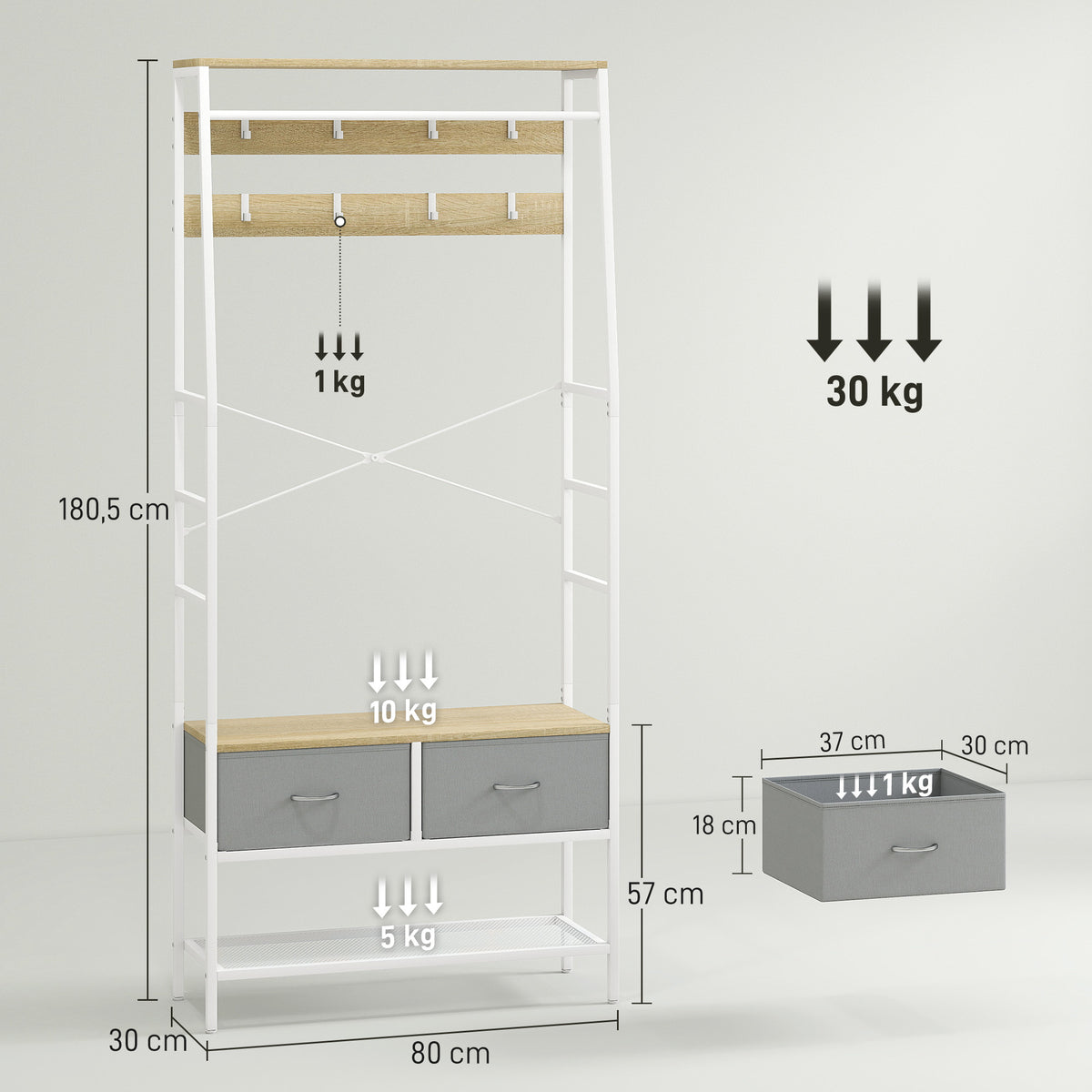 Móvel Cabide de Entrada com Banco Sapateira 8 Ganchos 2 Gavetas de Tecido Barra Prateleira de Rede Estilo Industrial para Corredor Quarto Sala de Estar 80x30x180,5 cm Branco e Madeira — foto 3