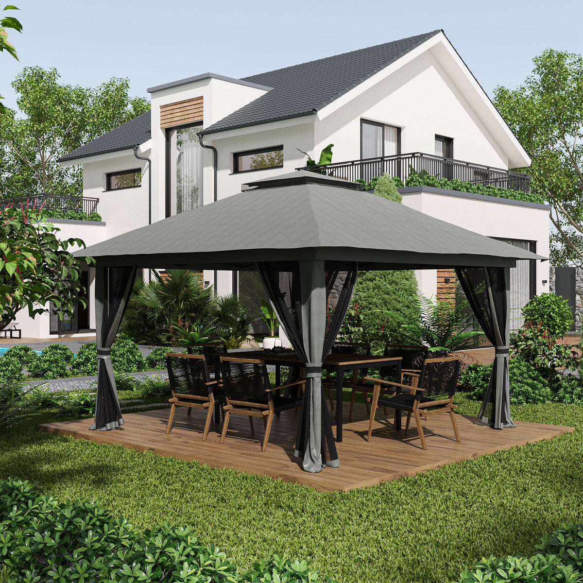 Tenda Dobrável Pop-UP 3,92x3,92x2,83 m Tenda de Jardim com Altura Ajustável Proteção UV50+ Teto Duplo Rede Mosquiteira e Bolsa de Transporte com Rodas para Festas Campismo Cinza e Preto — foto 2