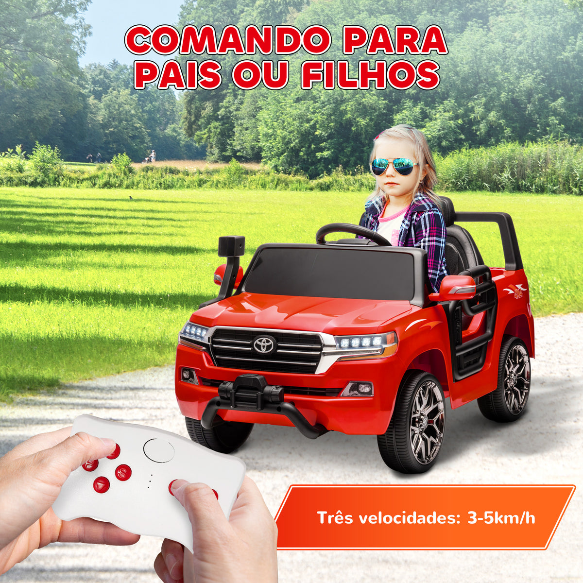 Carro Elétrico para Crianças acima de 3 Anos Carro Elétrico Toyota Land Cruiser com Bateria 12V Controlo Remoto Faróis Buzina Arranque Lento e Música MP3 107x65x55,5 cm Vermelho — foto 5