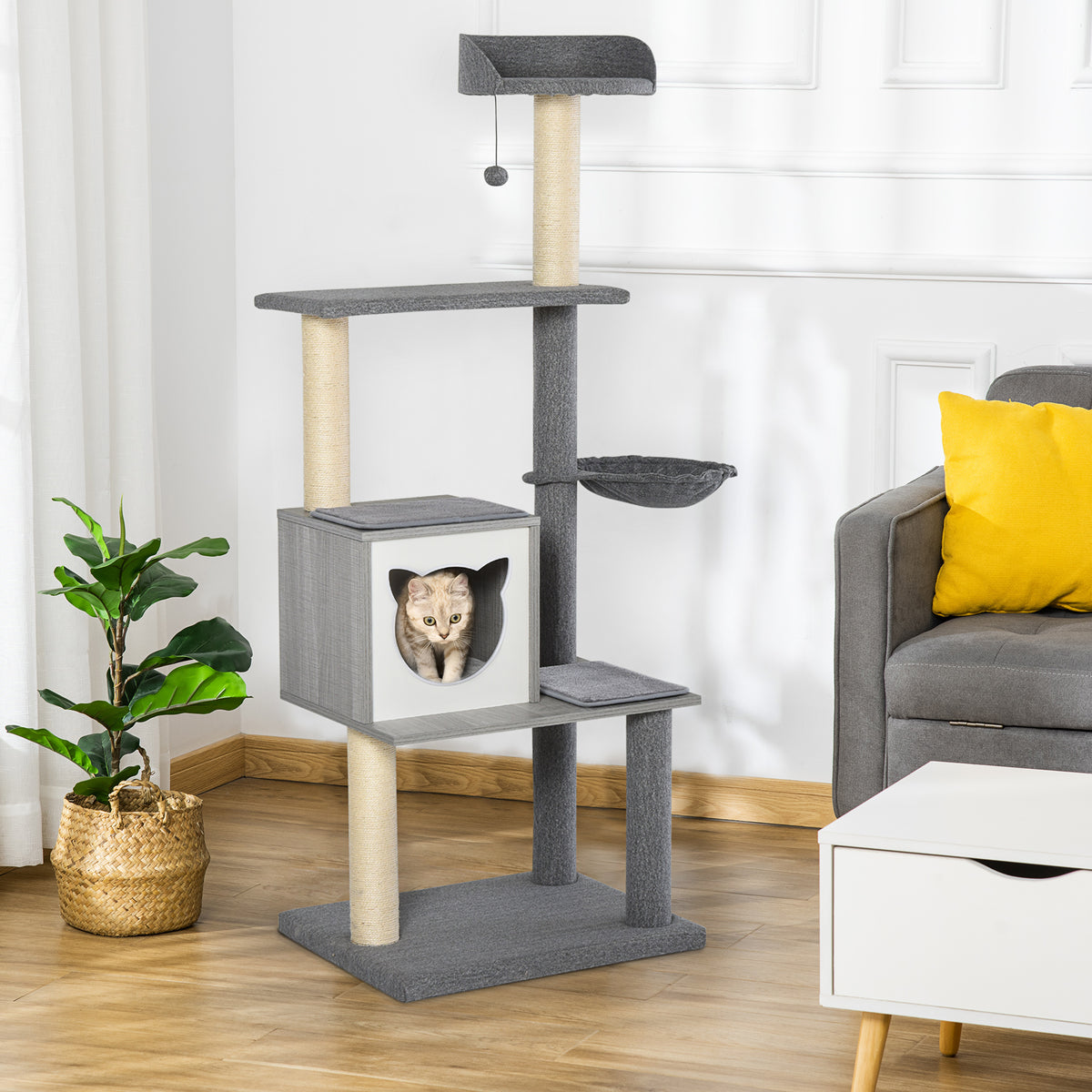 Árvore Arranhador para Gatos Grande 61x49x160,5cm Torre de Escalada de Múltiplos Níveis com Caverna Espaçosa Rede Postes e Brinquedo Suspenso Estofamento Suave Cinza — foto 2