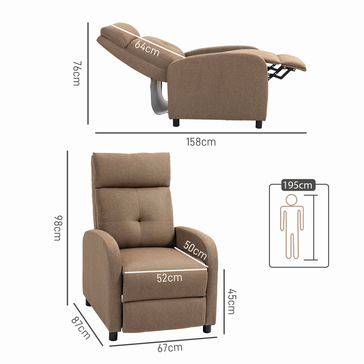 Poltrona Relax Reclinável até 155° Poltrona Reclinável Manual Estofado em Tecido Carga Máxima 150 kg para Pessoas com Altura Inferior 195 cm 67x87x98 cm Marrom — foto 3