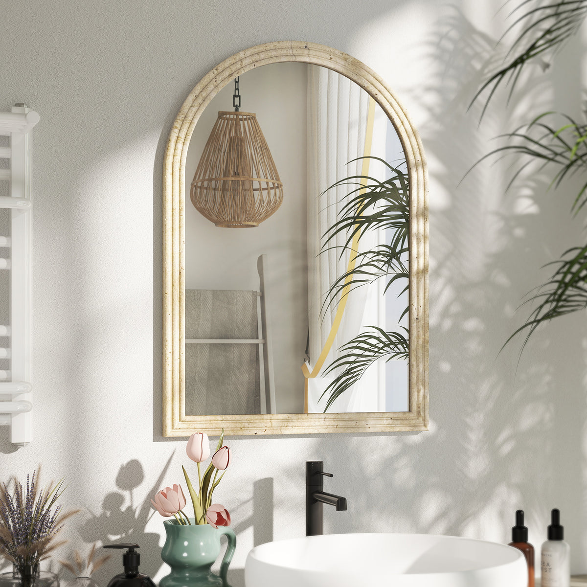 Espelho de Parede Arqueado Espelho de Casa de Banho 60x90 cm com Moldura de Imitação de Pedra Estilo Moderno para Sala Quarto Entrada e Corredor Bege — foto 2