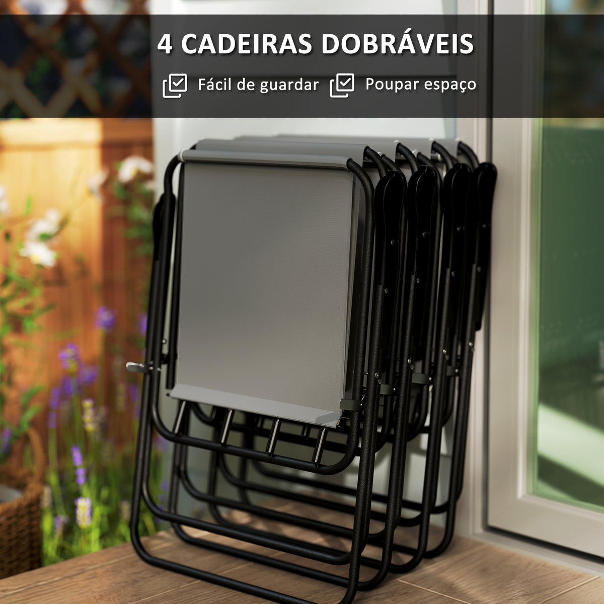 Conjunto de Mesa e Cadeiras de Jardim de 6 Peças Móveis de Jardim Exterior com 4 Cadeiras Dobráveis Mesa de Vidro e Chapéu de Sol para Terraço Pátio Cinzento — foto 5
