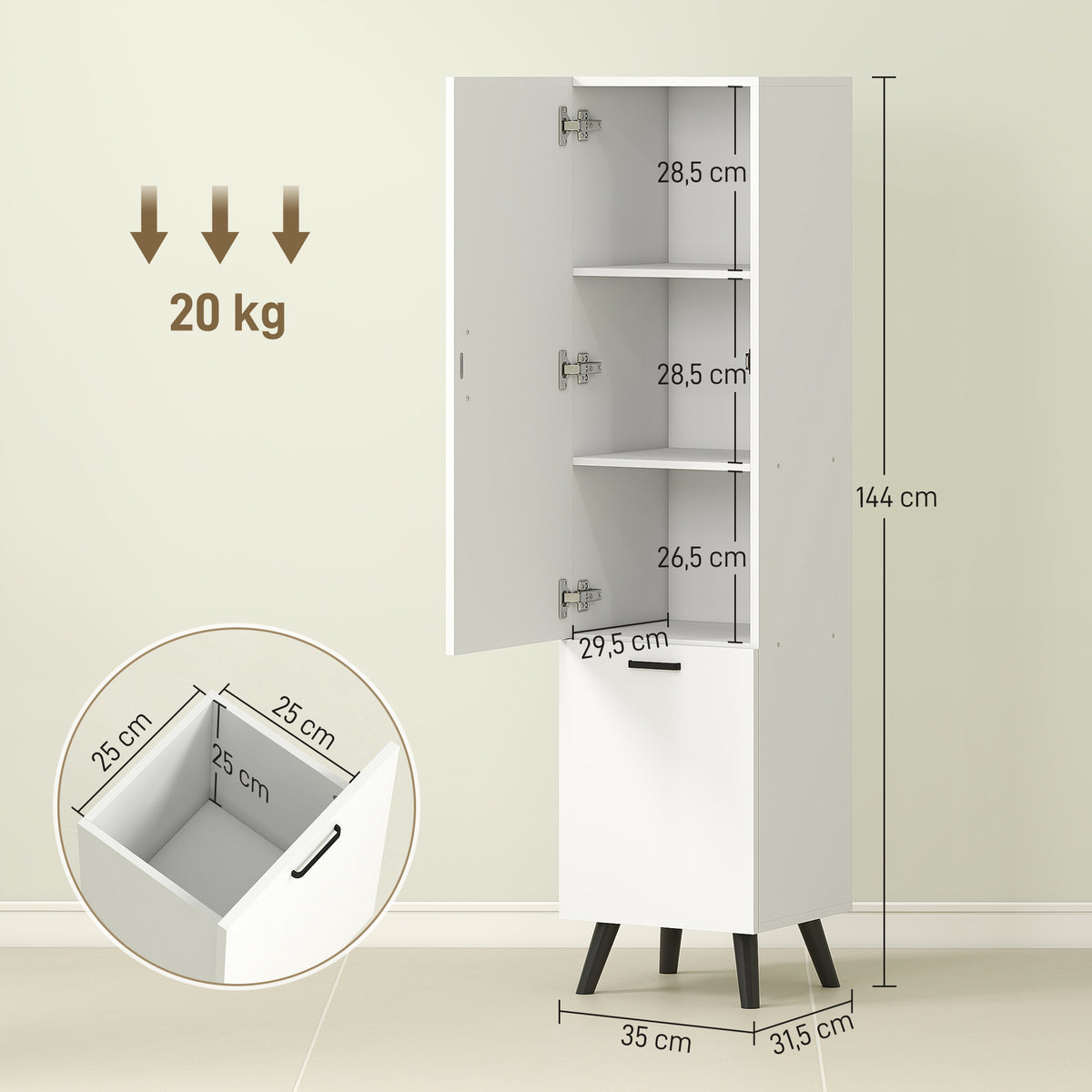 Coluna Casa de Banho Armário Alto Casa de Banho Estreito com 2 Portas e Prateleiras Móvel para Sala de Estar Cozinha 35x31,5x144 cm Branco — foto 3