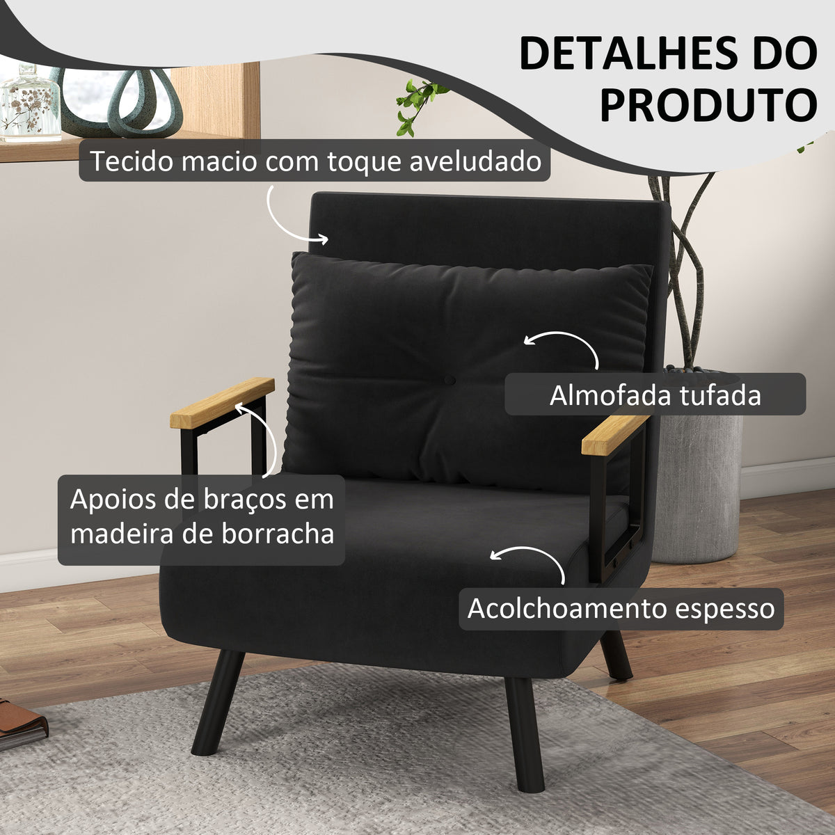 Poltrona Convertível em Cama Dobrável Poltrona 3 em 1 Convertível em Cama com Encosto Ajustável em 5 Níveis e Almofada Acolchoada para Escritório Sala de Estar Carga 120 kg 63x73x81 cm Preto — foto 6