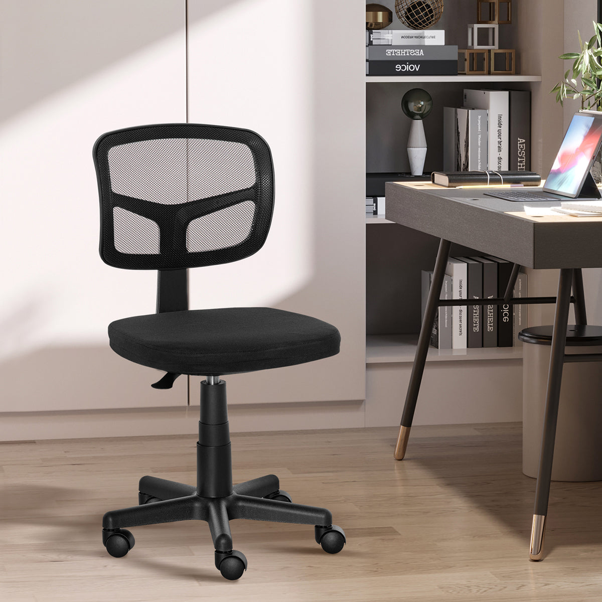 Cadeira de Escritório Operativa de Malha Cadeira de Escritório Giratória 360° com Altura Ajustável Suporte Lombar Respirável e Rodas 43x48x77,5-89,5cm Preto — foto 2