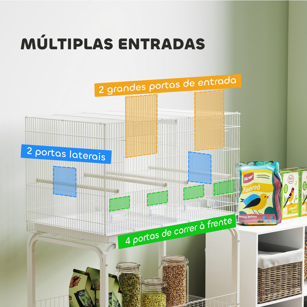 Gaiola para Pássaros com Divisória Gaiola com Rodas para Aves Papagaios Canários Gaiola para Aves com Comedouros Poleiros e Bandeja Removível, 76x46x116 cm Branco — foto 6