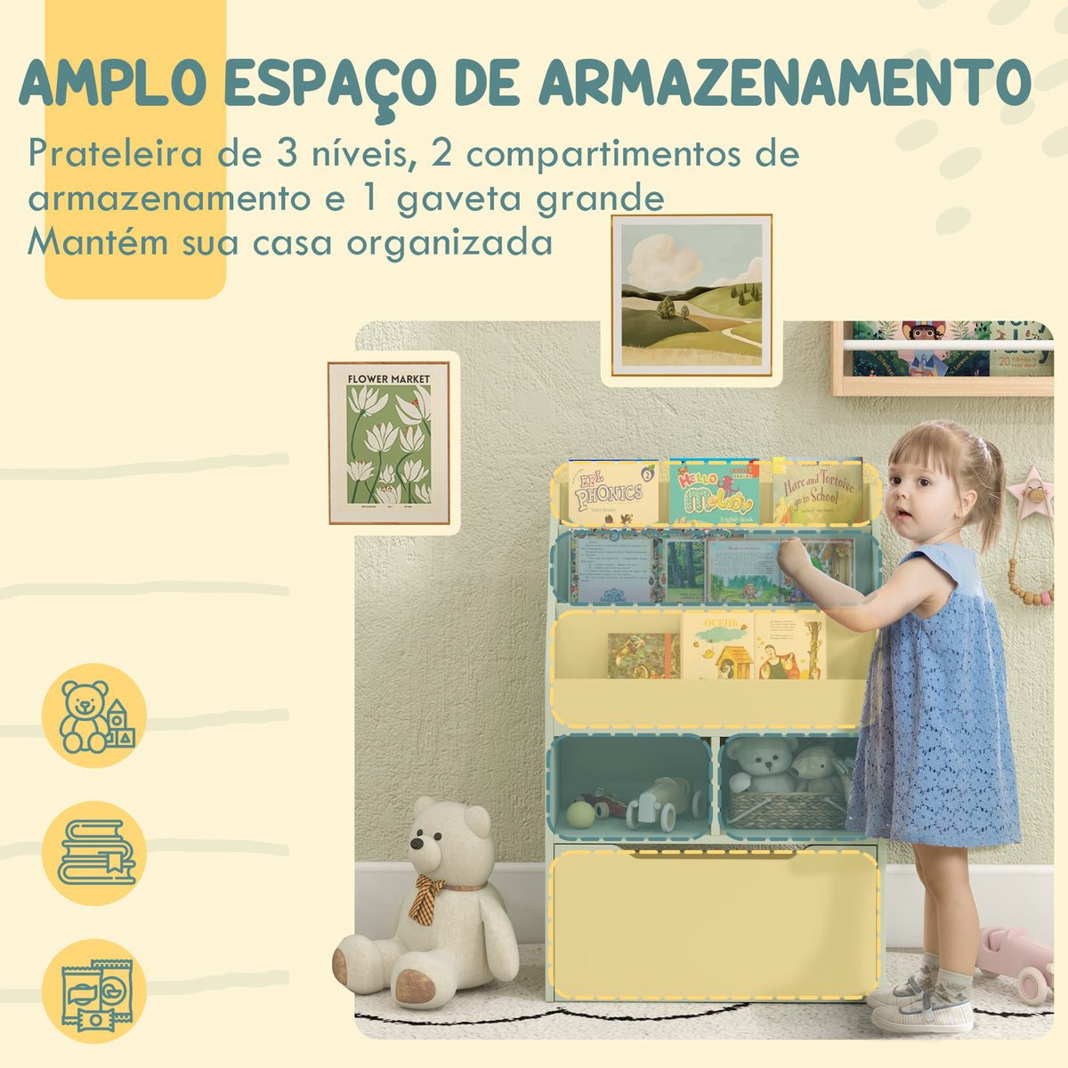 Estante de Madeira para Brinquedos com 3 Compartimentos 2 Prateleiras e Gaveta Móvel com 4 Rodas Estante para Livros Infantil para Dormitório Infantil Sala de Jogos 60x29,9x90 cm Verde — foto 4