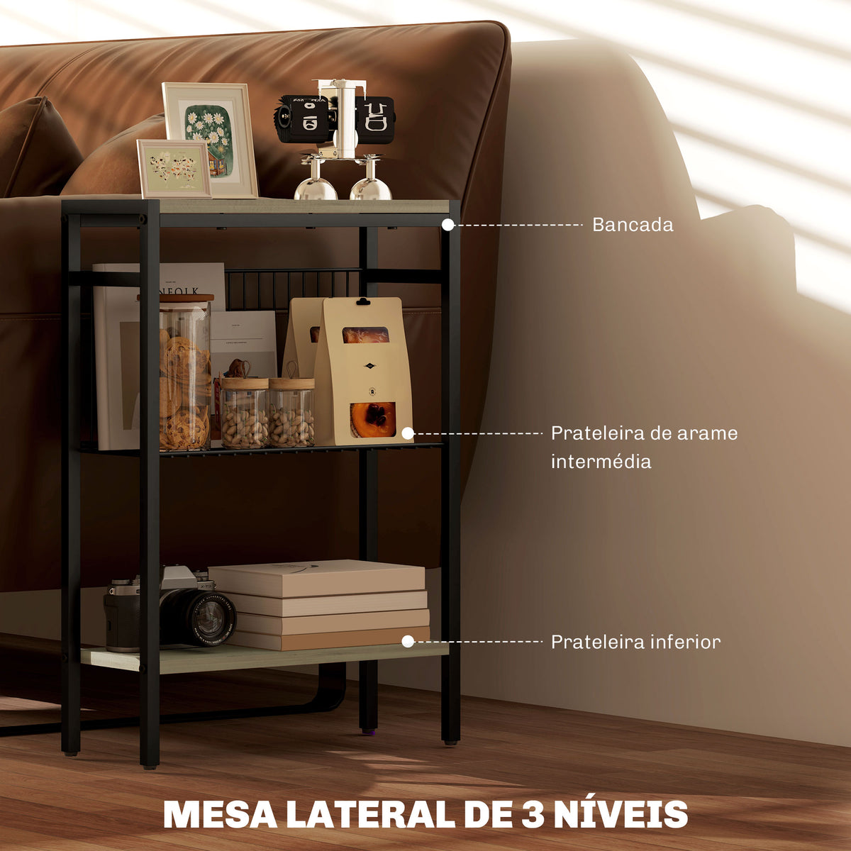 Essenza Mesa Auxiliar Estreita de 3 Níveis Industrial Cinza 43x18x62,5 cm — foto 4