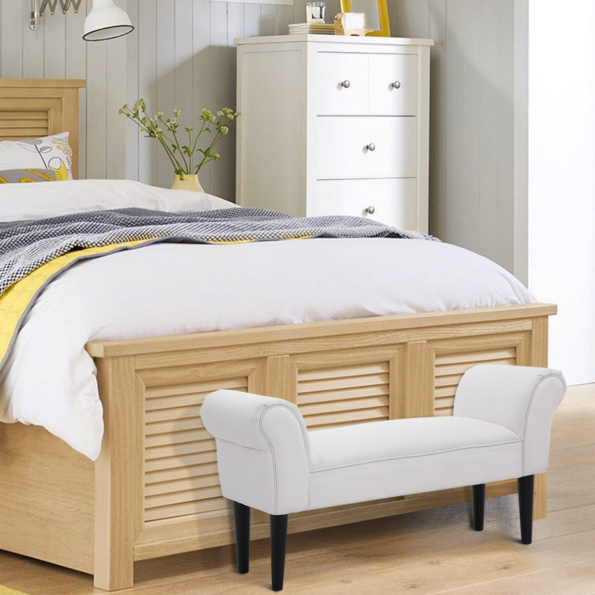 Banco de Pé de Cama Banco com Braços Curvados Estofado e Pés de Madeira para Dormitório Entrada Sala de Estar Carga Máxima 130kg 102x31x51cm Branco — foto 6