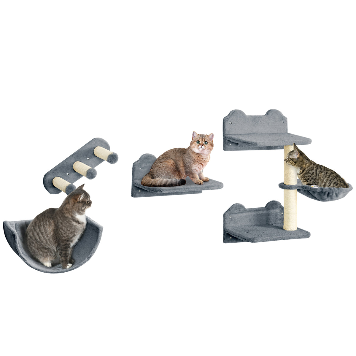 Prateleiras de Escalada para Gatos de Parede Conjunto de Prateleiras para Gatos 4 Peças com Rede Plataforma Semicircular Plataformas de Salto e Poste de Sisal Cinza — foto 1