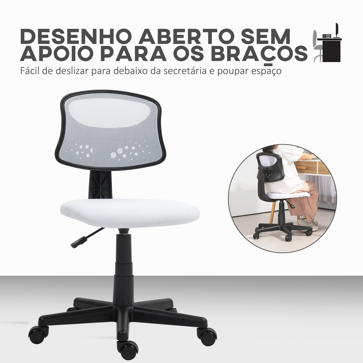Cadeira de Escritório sem Apoio para os Braços Cadeira de Escritório Giratória com Encosto de Malha Respirável Altura Ajustável Carga 120 kg 43x48x78-88 cm Branco — foto 4