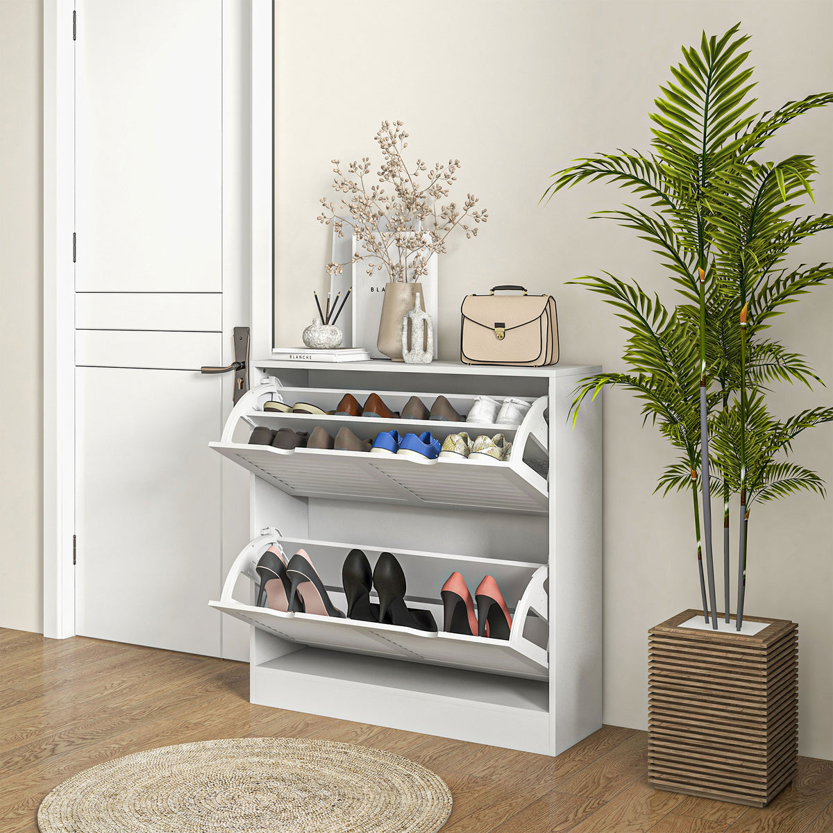 Sapateira Moderna Sapateira Entrada com 2 Gavetas Rebatíveis e Prateleias Ajustáveis para 16 Pares de Sapatos Sapateira Compacta para Corredor 81,5x25x83 cm Branco — foto 8