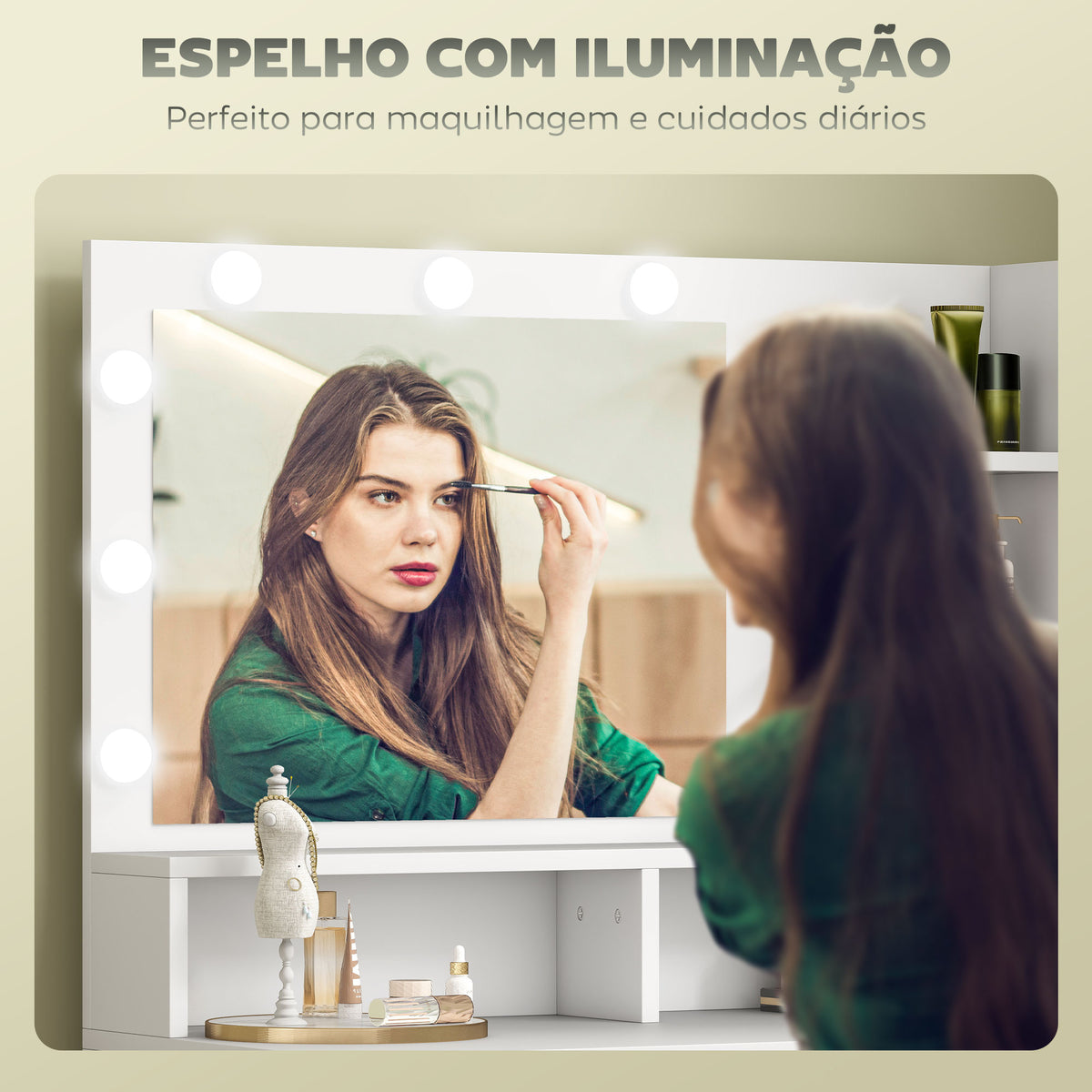 Toucador de Maquilhagem com Luz e Banco Mesa de Maquilhagem com 2 Gavetas e Prateleiras de Armazenamento Estilo Moderno para Quarto Branco — foto 4