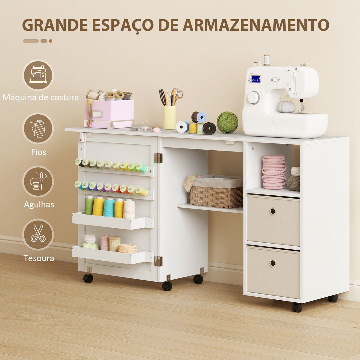 Mesa de Costura Dobrável com 6 Rodas Móvel para Máquina de Costura com 18 Pinos para Linhas 2 Gavetas de Tecido 3 Compartimentos Armário de Costura para Escritório Sala Branco — foto 4